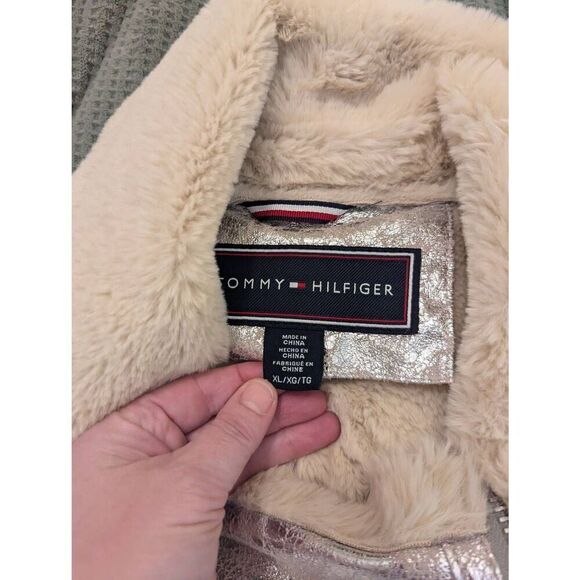 NWOT TOMMY HILFIGER Distressed Silver Metallic Shearling Motorcycle Jacket XL - Picture 4 of 7